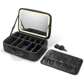 OWBIA Makeup Bag with LED Mirror, Cosmetic Organizer with Compartments (Large Size, Black)