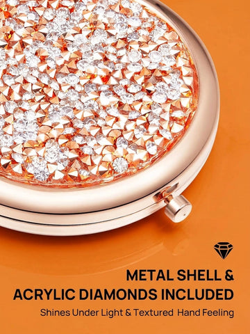 OWBIA 1X/10X(300R) Magnifying Compact Mirror, Mini Mix Diamond Metal Pocket Makeup Mirror (Rose Gold)
