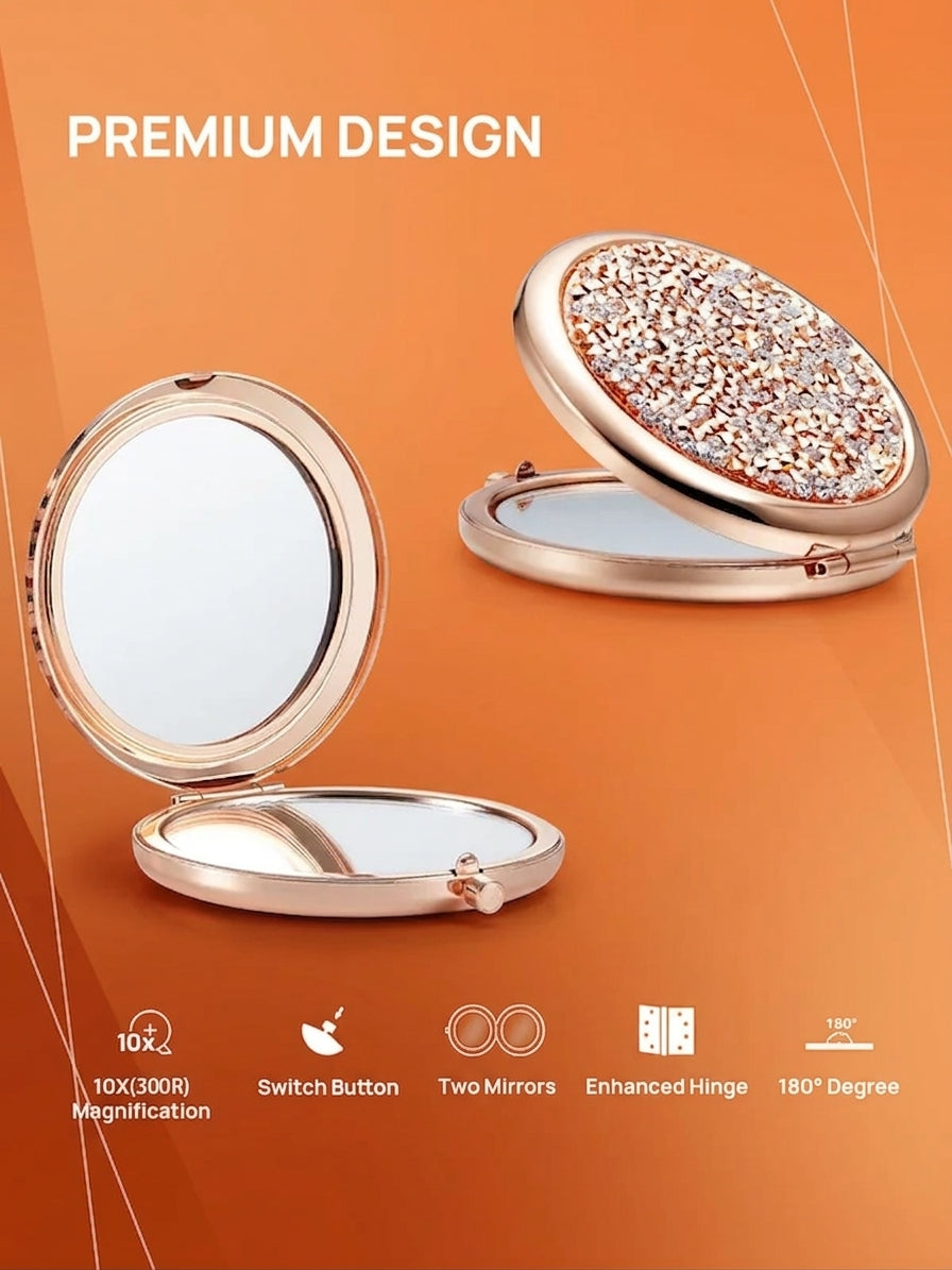 OWBIA 1X/10X(300R) Magnifying Compact Mirror, Mini Mix Diamond Metal Pocket Makeup Mirror (Rose Gold)