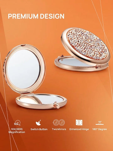 OWBIA 1X/10X(300R) Magnifying Compact Mirror, Mini Mix Diamond Metal Pocket Makeup Mirror (Rose Gold)