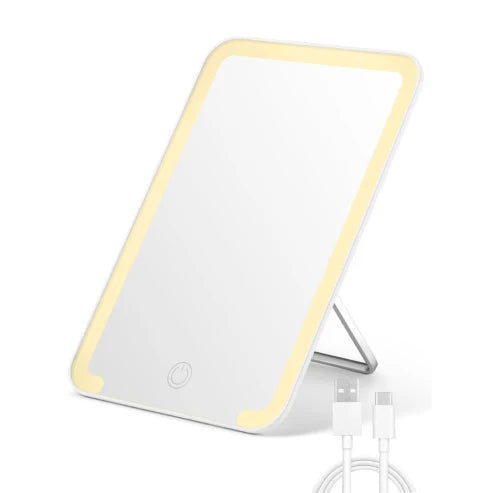 OWBIA Lighted Travel Makeup Mirror, 8 x 5 inches Desk Mirror with Foldable Stand and 3 Lighting Modes for Shaving and Travelling