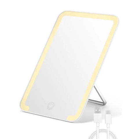 OWBIA Lighted Travel Makeup Mirror, 8 x 5 inches Desk Mirror with Foldable Stand and 3 Lighting Modes for Shaving and Travelling