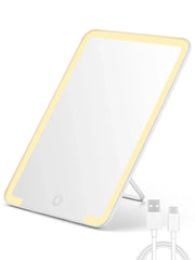 OWBIA Lighted Travel Makeup Mirror, 8 x 5 inches Desk Mirror with Foldable Stand and 3 Lighting Modes for Shaving and Travelling