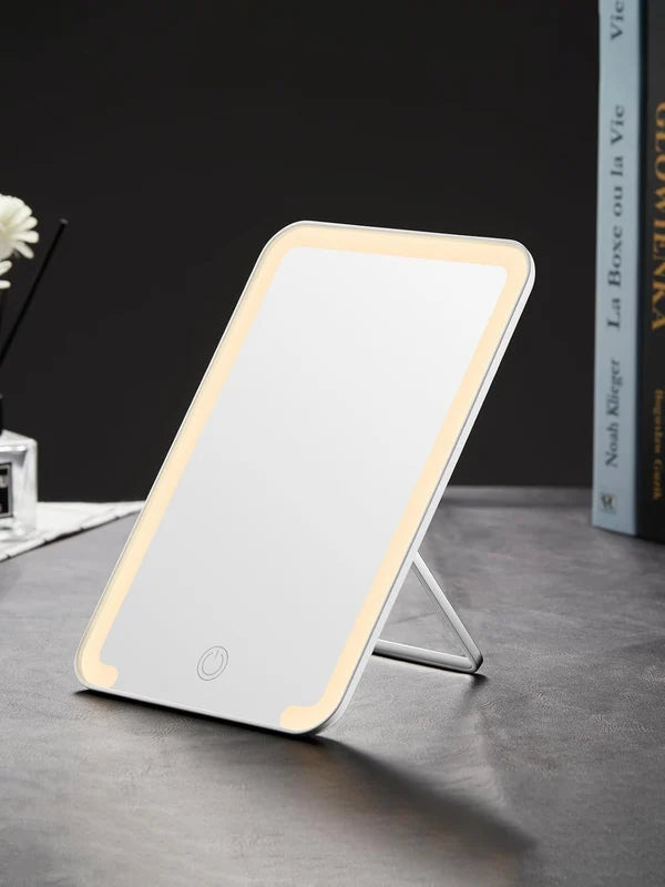 OWBIA Lighted Travel Makeup Mirror, 8 x 5 inches Desk Mirror with Foldable Stand and 3 Lighting Modes for Shaving and Travelling