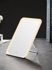 OWBIA Lighted Travel Makeup Mirror, 8 x 5 inches Desk Mirror with Foldable Stand and 3 Lighting Modes for Shaving and Travelling