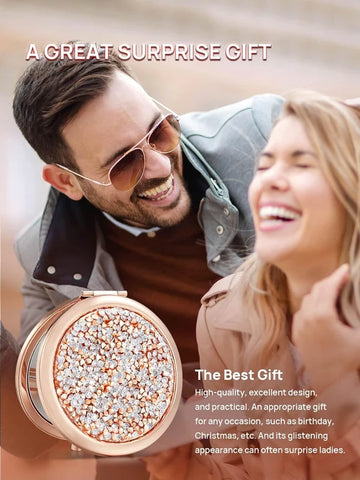 OWBIA 1X/10X(300R) Magnifying Compact Mirror, Mini Mix Diamond Metal Pocket Makeup Mirror (Rose Gold)