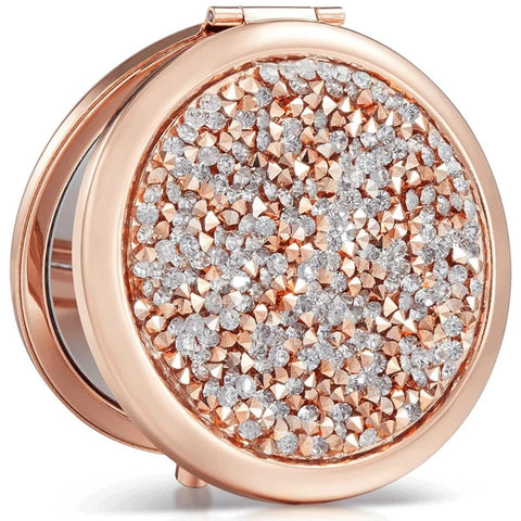 OWBIA 1X/10X(300R) Magnifying Compact Mirror, Mini Mix Diamond Metal Pocket Makeup Mirror (Rose Gold)