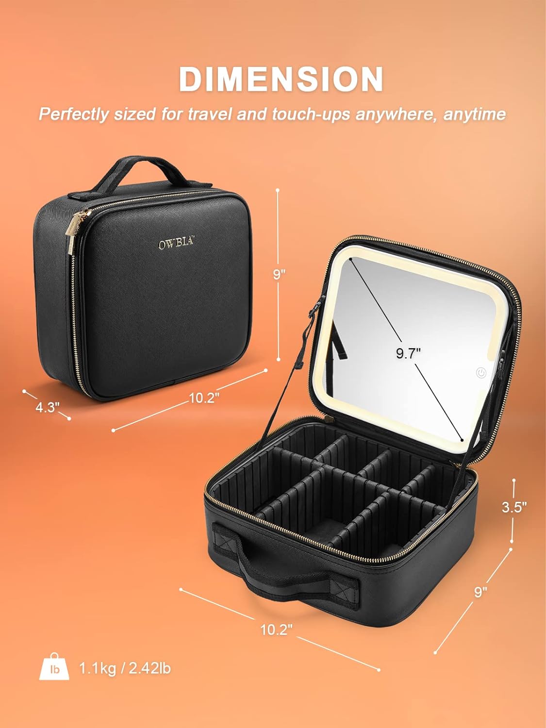 habe travel makeup bag with mirror OWBIA Makeup Bag with LED Mirror, Cosmetic Organizer with Compartments