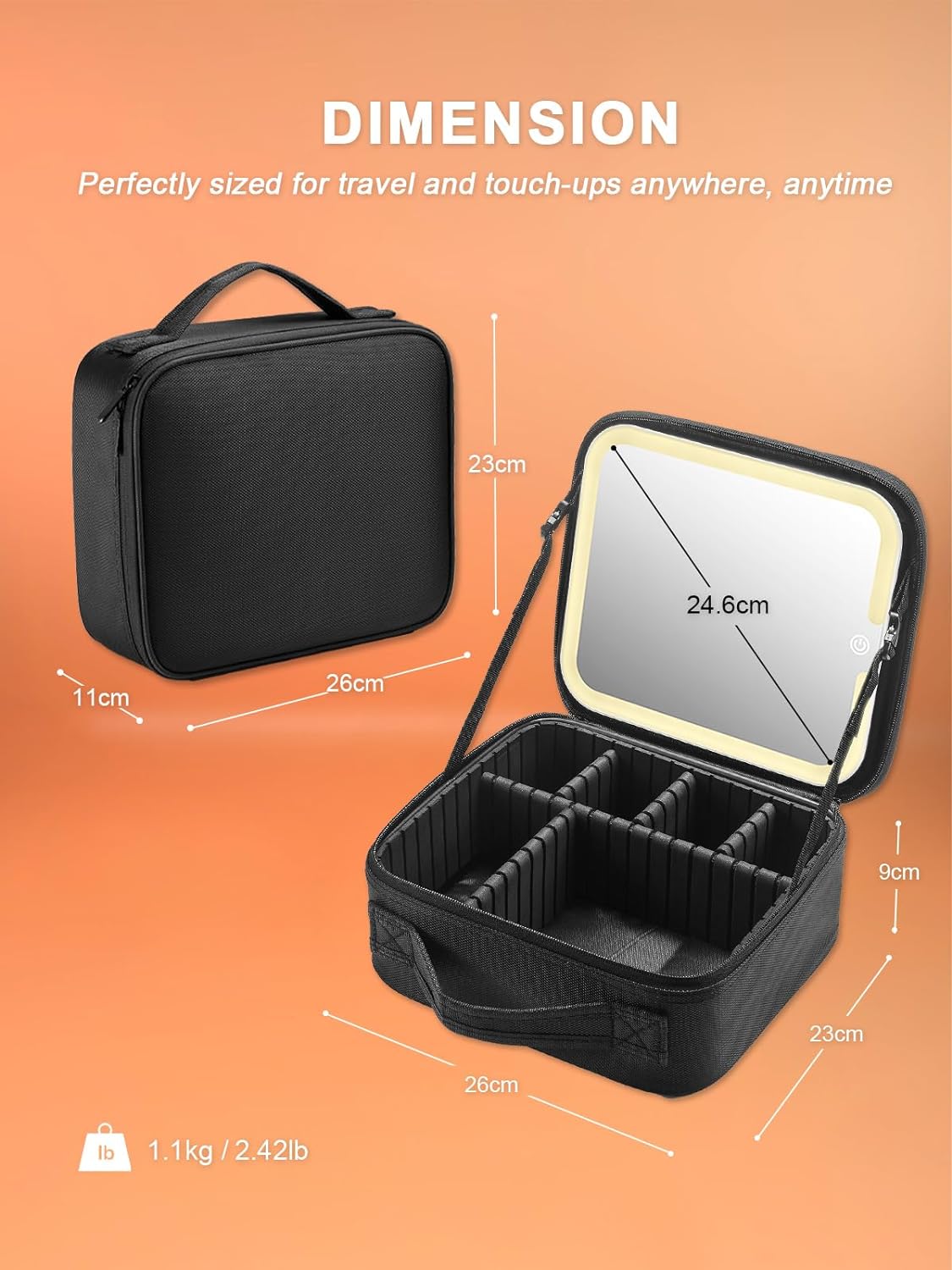 habe travel makeup bag with mirror organize OWBIA Makeup Bag with LED Mirror, Cosmetic Organizer with Compartments
