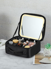 OWBIA Makeup Bag with LED Mirror, Cosmetic Organizer with Compartments, Oxford Fabric (Black, Small Size)