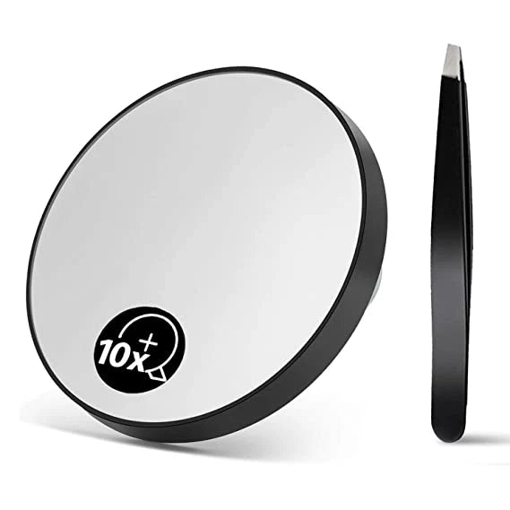 OWBIA Magnifying Mirror and Eyebrow Tweezers Kit, 3.5" Two Suction Cups Magnifier Travel Set