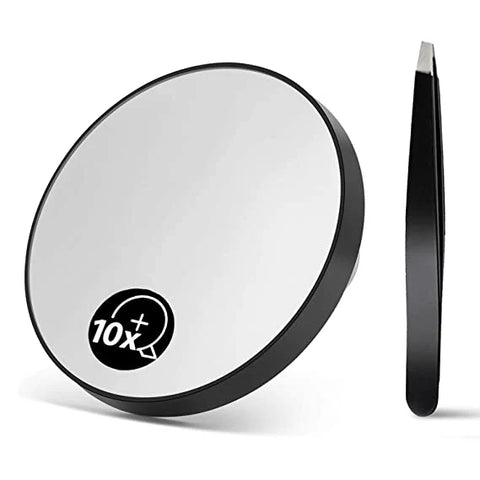 OWBIA Magnifying Mirror and Eyebrow Tweezers Kit, 3.5" Two Suction Cups Magnifier Travel Set